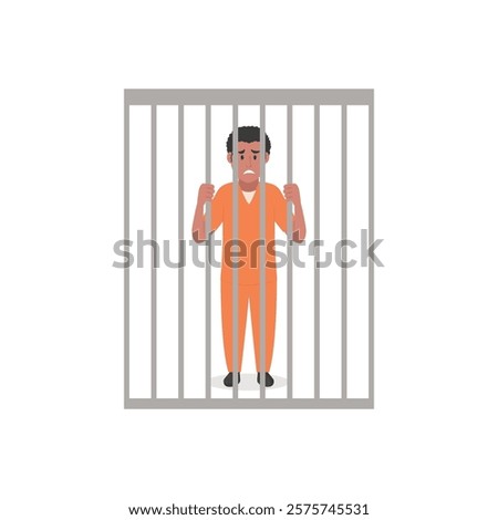 Prisoner in orange suit behind bars of a prison cell, flat vector illustration isolated on white background.