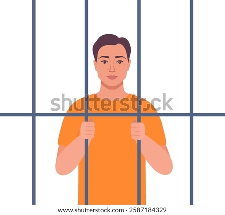 Prisoner in orange suit behind bars of a prison cell. Punishment system for crime and law breaking. Arrested guilty man.