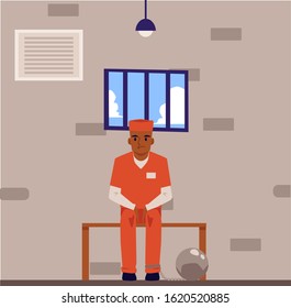 Prisoner in orange suit and legs shackles cartoon character sitting on bench in jail cell, flat vector illustration on prison interior background. Crime and justice.