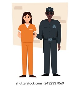 Prisoner in orange uniform. Cope and bandit. Vector flat illustration