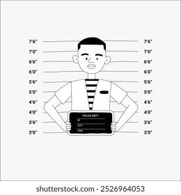 Gefangener in Polizeireihen, auf weißem Hintergrund isoliert, in einer flachen Vektorgrafik, die Identifikation, Strafjustiz und Strafverfolgung symbolisiert.