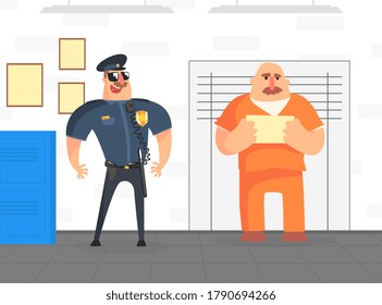 Prisoner Posing For Police Mugshot In Orange Uniform, Police Department Interior Vector Illustration