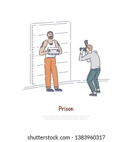 Prisoner posing for police mugshot, policeman taking suspect photo, sentenced, arrested man banner template