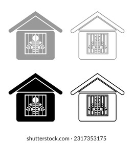 Prisoner in prison building set icon grey black color vector illustration image solid fill outline contour line thin flat style