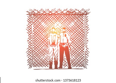 Prisoner and prison guard standing by wire fence, inmate in handcuffs, jail security, law enforcer in uniform. Correctional institution, justice system concept sketch. Hand drawn vector illustration