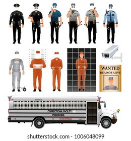 Prisoner and prison guard uniform. Vector illustration isolated on white background