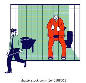 Prisoner in Prison Jail Concept. Policeman with Stick Passing by Man in Orange Jumpsuit Stand in Cell. Arrested Convict Male Character Standing Behind of Metal Bars. Cartoon Flat Vector Illustration