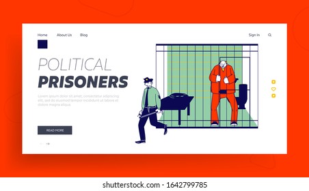 Prisoner in Prison Jail Website Landing Page. Policeman with Stick Passing by Arrested Man in Orange Jumpsuit Stand in Cell Behind of Metal Bars Web Page Banner. Cartoon Flat Vector Illustration