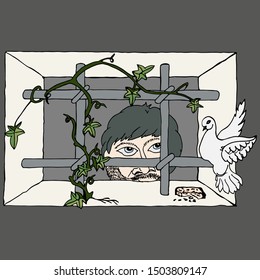 Prisoner of the prison looks out of the window with bars to freedom and feeds the white dove with bread