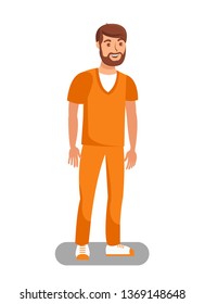 Prisoner Released on Bail Flat Vector Illustration. Unchained Lawbreaker, Offender Cartoon Character. Convict Wearing Orange Uniform. Bearded Male Recidivist, Inmate Free form Detention