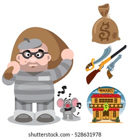Prisoner. Robber with a big bag of loot. Wild west illustrations.