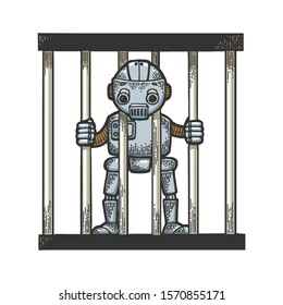 Prisoner robot behind prison bars sketch engraving vector illustration. Scratch board style imitation. Black and white hand drawn image.
