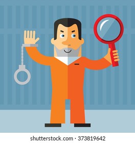 Prisoner  Seeing Through Magnifying Glass. Flat style vector illustration on gray background. American prisoner in orange uniform