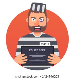 A prisoner with a sign in his hands does not look well into the camera. character in a bubble. striped uniform. vector illustration