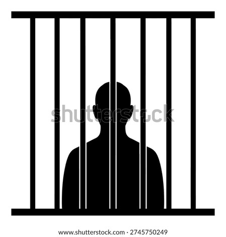 Prisoner silhouette behind bars vector icon for crime justice and jail prison concept design