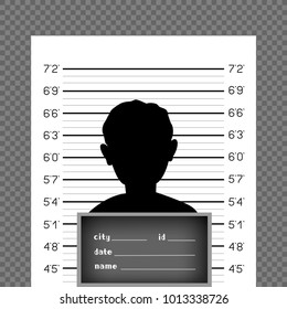 Prisoner silhouette front with police data board on wall scale background