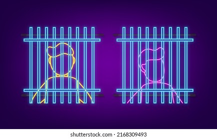 Prisoner Silhouette Front With Police Data Board. Neon Icon. Hand Drawn Black Icon On White Backdrop. Vector Background