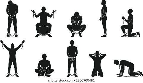 Prisoner silhouettes in chains, shackled men in handcuffs, male convicts, captives in diverse poses, arrested criminals, human slavery, bondage