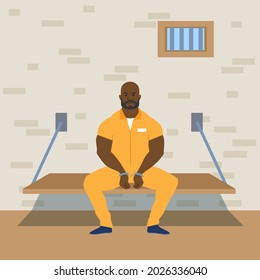 Prisoner is sitting in his cell.  His hands are handcuffed. Life in prison jail. Vector illustration.