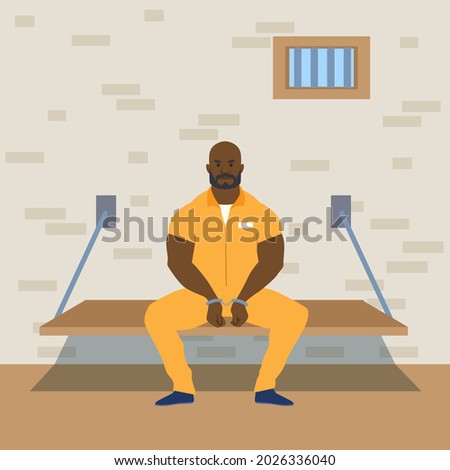 Prisoner is sitting in his cell.  His hands are handcuffed. Life in prison jail. Vector illustration.