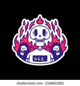 Prisoner skull with grim reaper on the fire, illustration for t-shirt, sticker, or apparel merchandise. With doodle, retro, and cartoon style.