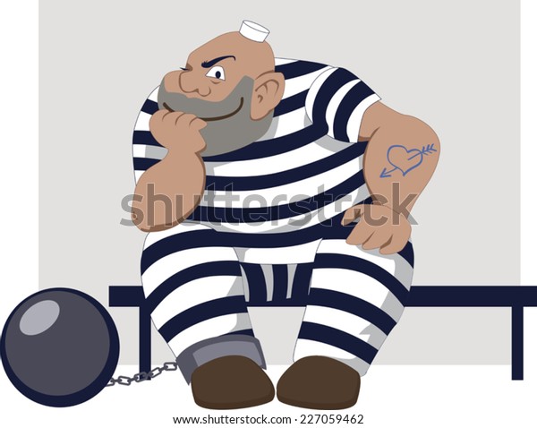 Prisoner. Sly man in a stripy prison clothes with a ball and chain sitting on a bench and smiling, vector illustration