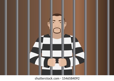 Prisoner in striped jumpsuit standing behind prison bars. Vector illustration.
