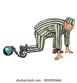 prisoner in a striped robe with a core. Pop art retro illustration kitsch vintage 50s 60s style
