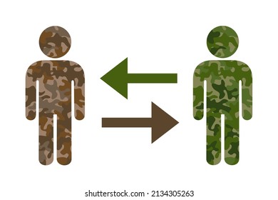 Prisoner swap and exchange - military process of swapping POW, prisoner of war and captive. Vector illustration of khaki green person, soldier and combatant. Isolated on white.