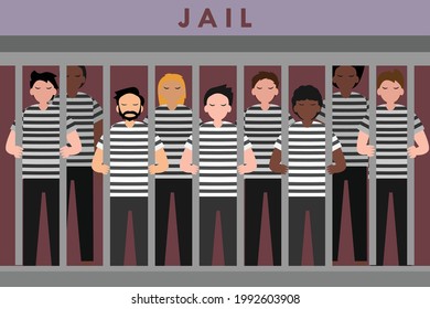 Prisoner vector concept: Male prisoners standing together inside the prison while wearing jail uniform