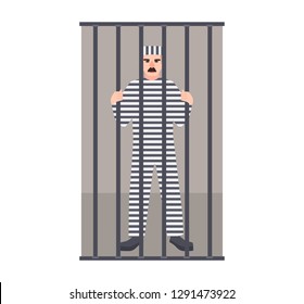 Prisoner wearing striped uniform in jail or prison cell. Detainee locked up in room with metal grid. Arrested man. Imprisonment or confinement. Colorful vector illustration in flat cartoon style.