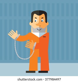 Prisoner with welcome hands. Flat style vector illustration on gray background. American prisoner in orange uniform