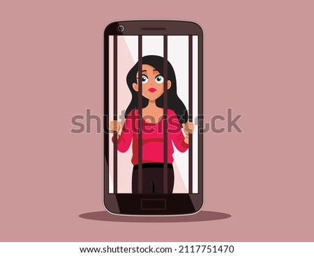 

Prisoner Woman Behind Bars in a Cell Phone Jail Vector Illustration. Young person suffering from nomophobia being addicted to technology
