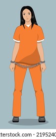 Prisoner Woman. Criminal Girl With Handcuffs. Person In Orange Robe Vector Illustration. The Lawbreaker Is In Jail. Criminal Woman With Evil Grin On Face. 