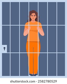 Prisoner woman in orange suit behind bars of a prison cell. Punishment system for crime and law breaking.