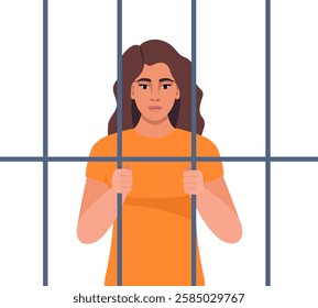 Prisoner woman in orange suit behind bars of a prison cell. Punishment system for crime and law breaking.