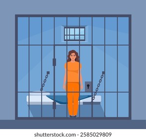 Prisoner woman in orange suit behind bars of a prison cell. Punishment system for crime and law breaking.