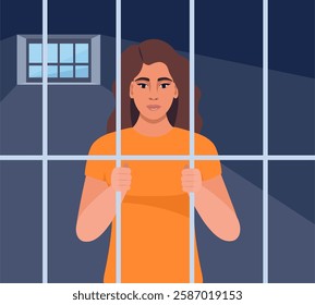 Prisoner woman in orange suit behind bars of a prison cell. Punishment system for crime and law breaking.