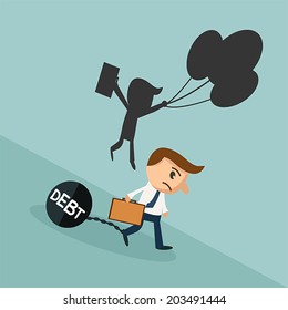 The prisoner/burden/ A people dragging a heavy metal ball by debt but his shade is freedom with balloon, freedom from debt concept.