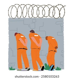 Prisoners cartoon characters wearing orange uniform and handcuffs on walk vector illustration. Daily schedule routine for criminals trapped in jail during imprisonment and confinement isolation