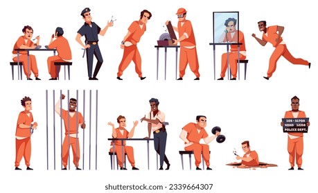 Prisoners characters. Guys in orange jumpsuits, law violation, punishment, men in jail cage, imprisonment term serving, police interrogation, cartoon flat style isolated tidy vector set