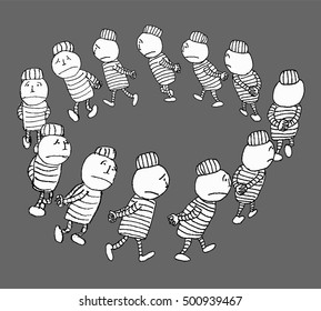 Prisoners go round on a walk in the prison