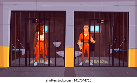 Prisoners in prison jail. People in orange jumpsuits in cell. Arrested convict male characters standing behind of metal bars. Life in jailhouse. Police, indoors interior. Cartoon vector illustration