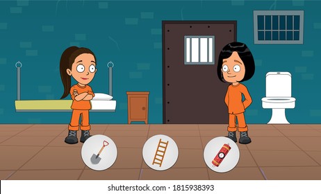 Prisoners In Prison Jail. People In Orange Jumpsuits In Cell. Police, Indoors Interior. Cartoon Vector Illustration