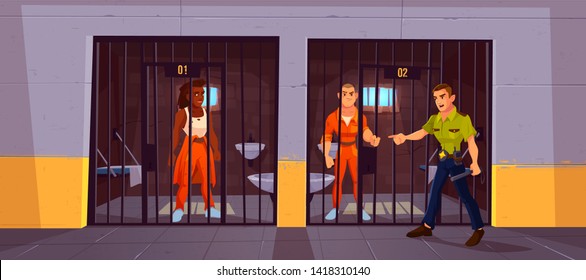 Prisoners in prison jail and policeman. People in orange jumpsuits in cell. Arrested convict men standing behind of metal bars. Life in jailhouse. Police, indoors interior. Cartoon vector illustration