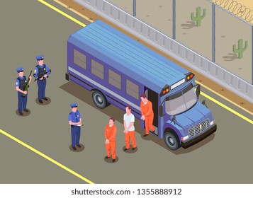 Prisoners transportation isometric composition with security guards watching convicted criminals in uniform stepping off van vector illustration