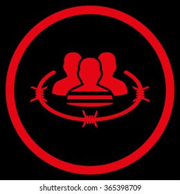 Prisoners vector icon. Style is flat circled symbol, red color, rounded angles, black background.