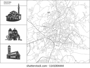 Pristina city map with hand-drawn architecture icons. All drawigns, map and background separated for easy color change. Easy repositioning in vector version.