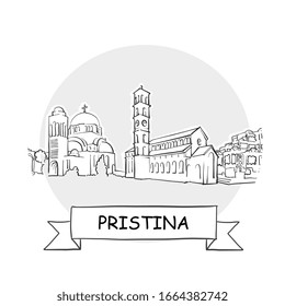 Pristina Cityscape Vector Sign. Line Art Illustration with Ribbon and Title.