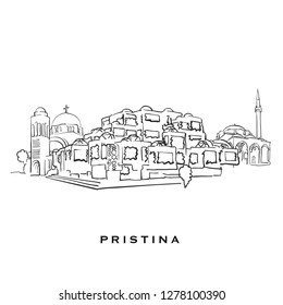 Pristina Kosovo famous architecture. Outlined vector sketch separated on white background. Architecture drawings of all European capitals.